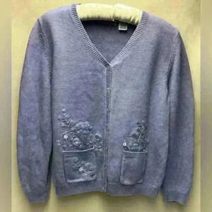 Alfred Dunner Vintage 90s Lavender Embroidered Floral Sweater Petite Large